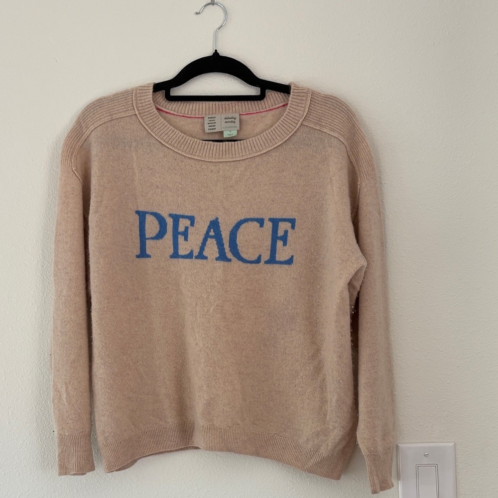 Anthropologie Tan Sweater with Blue Peace Design